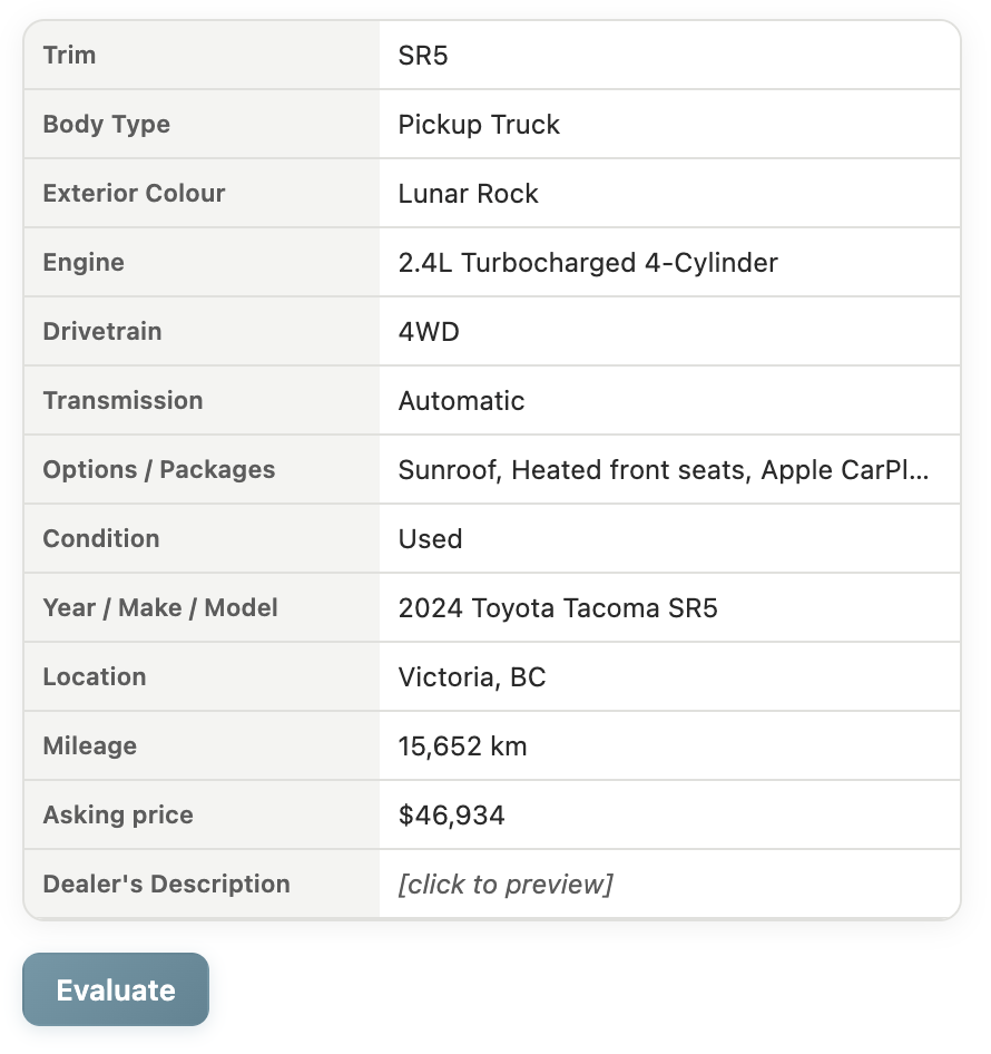 Example vehicle evaluation 1