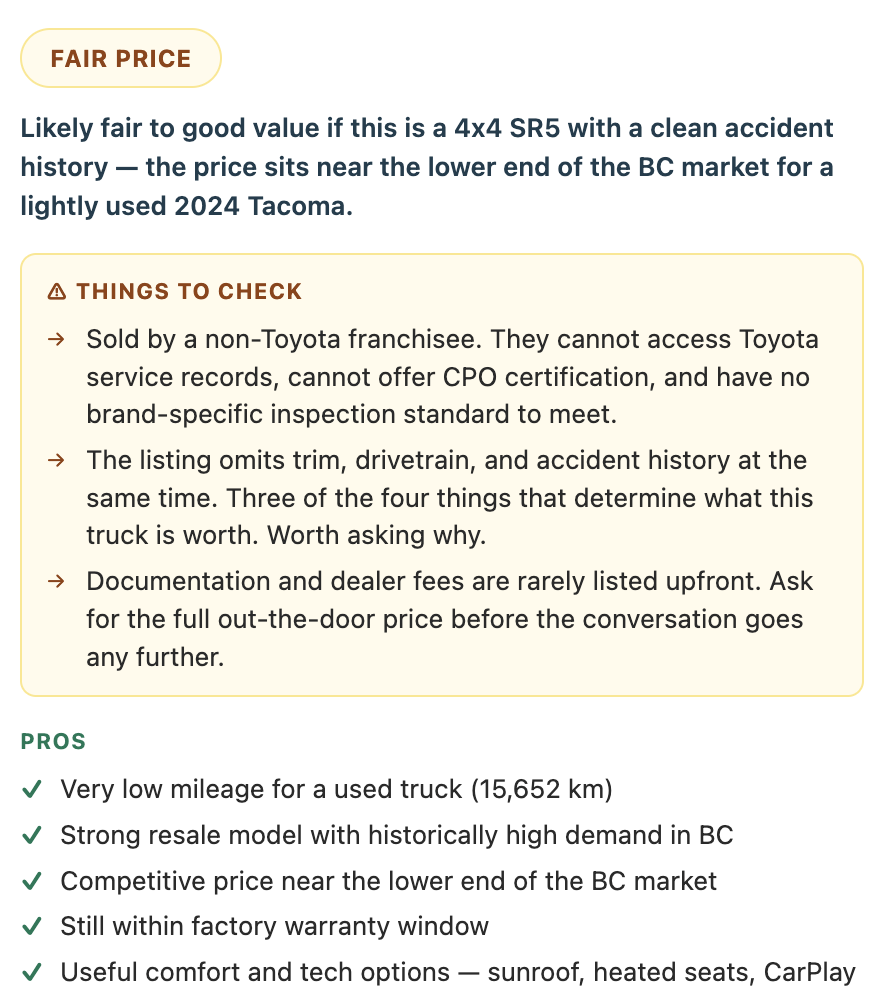 Example vehicle evaluation 2