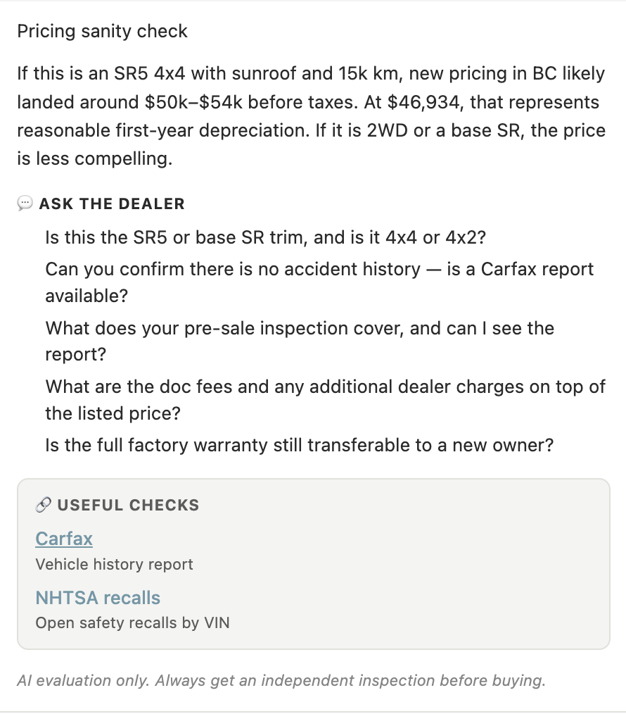 Example vehicle evaluation 5
